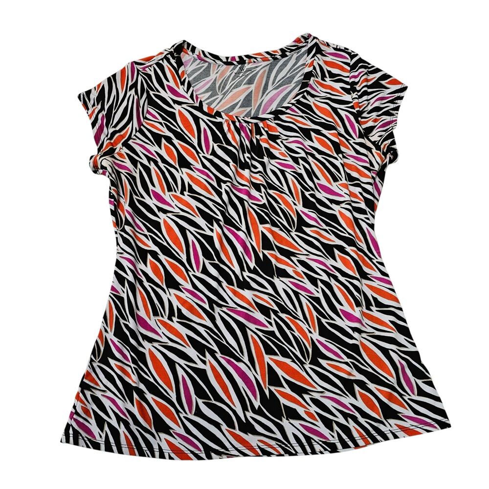 Worthington Dress Blouse Size L Geometric Floral Orange Pink Black White